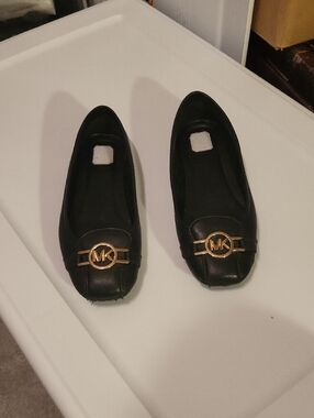 Michael Kors Black Leather Logo Ballet Flats with Gold Accent
